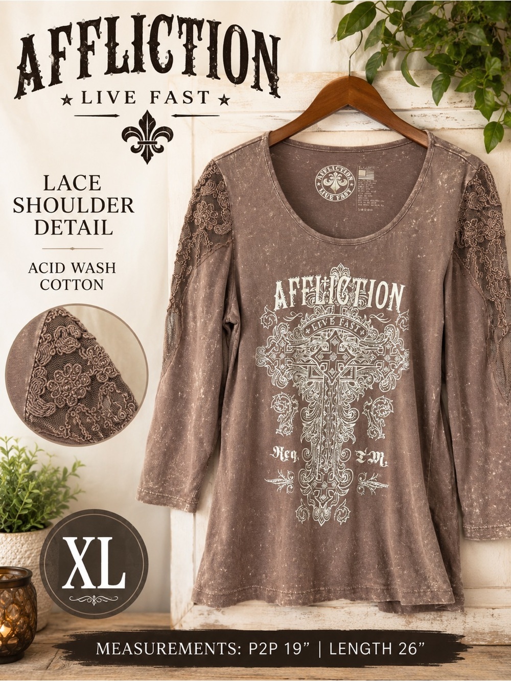 Affliction Live Fast XL Brown Acid Wash Lace Shoulder Cross Graphic Top